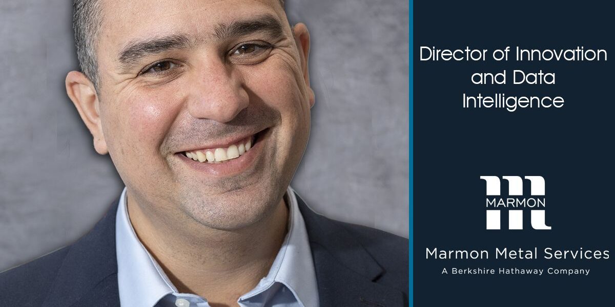 1732035129993 Marmon Keystone A man with short dark hair wearing a blue blazer and light blue shirt smiles at the camera. Text on the image identifies him as David Guzman, Jr., Director of Innovation and Data Intelligence at Marmon Metal Services, a leading metals distributor.