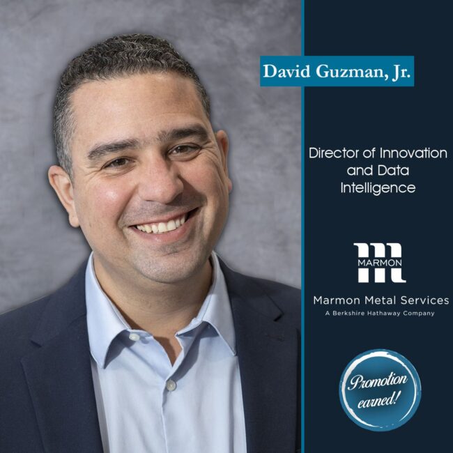 Marmon Keystone A man with short dark hair wearing a blue blazer and light blue shirt smiles at the camera. Text on the image identifies him as David Guzman, Jr., Director of Innovation and Data Intelligence at Marmon Metal Services, a leading metals distributor.