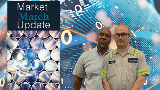 Marmon Keystone Two men stand in front of a background with stock market graphics. On the left, a panel reads “Market March Update” above an abstract image of metal pipes—highlighting trends in the metals supplychain and distributor market.