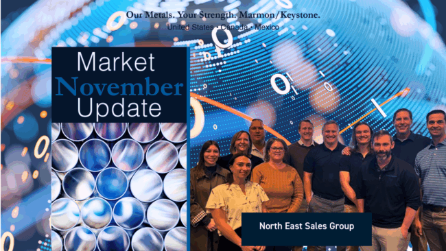 Marmon Keystone A group of twelve people pose for a photo in front of a digital background with binary code and circles. Text reads "Market November Update," "Our Metals. Your Strength. Marmon/Keystone," and "North East Sales Group.